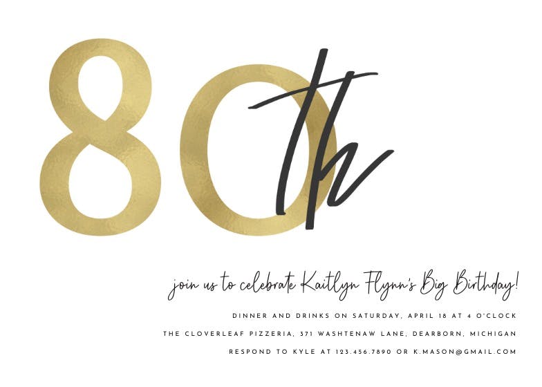 Golden numerals 80 - birthday invitation
