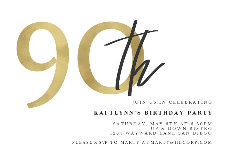 Golden numerals 90 - birthday invitation