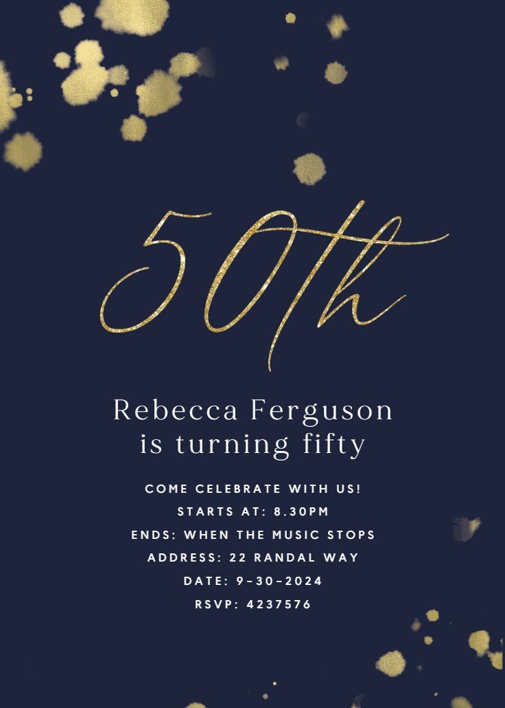 Golden paint spray at 50 - birthday invitation