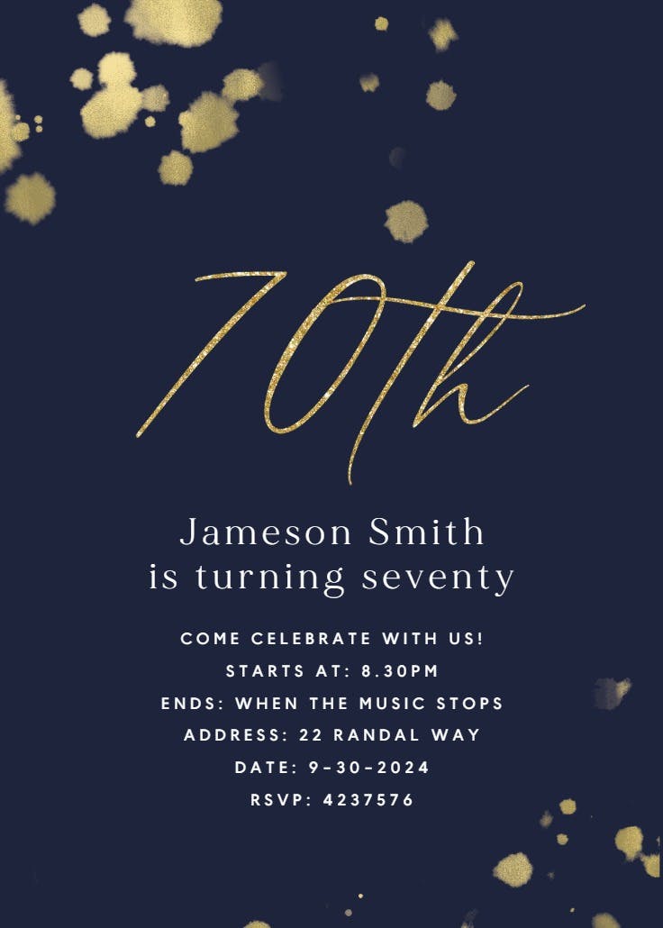 Golden paint spray at 70 - birthday invitation