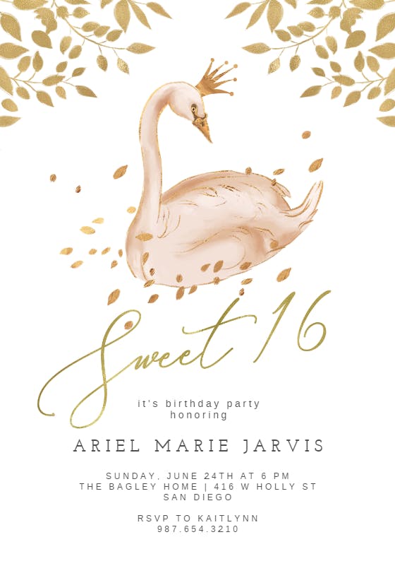 Golden pink swan - sweet 16 invitation
