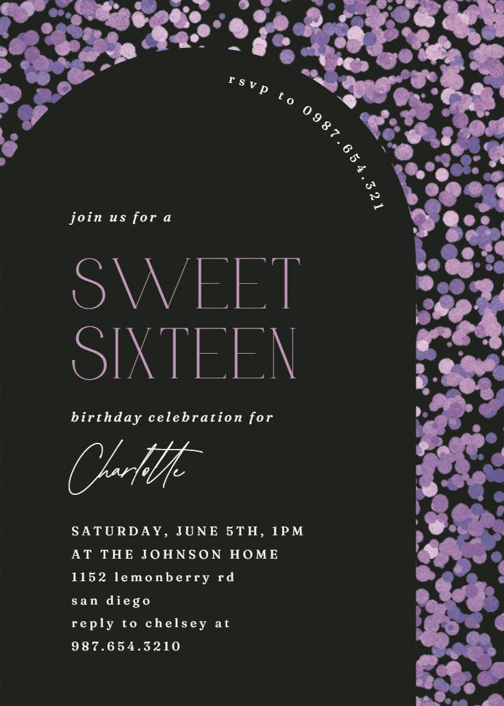 Lavender confetti at 16 - sweet 16 invitation