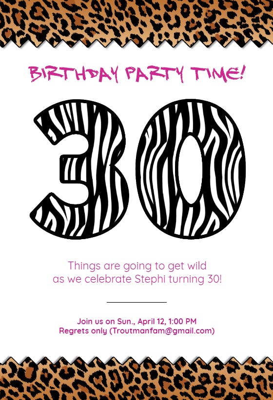 Leopard 30th birthday party - birthday invitation