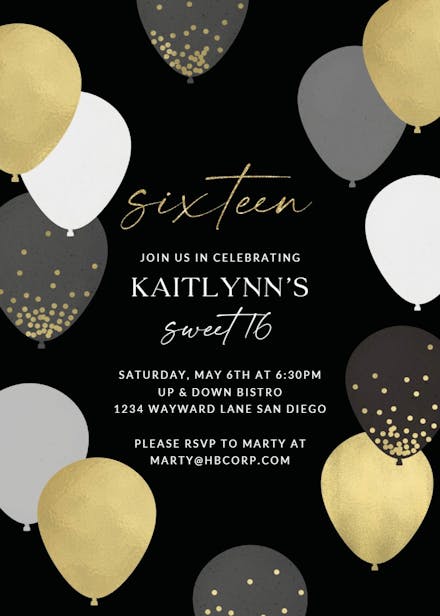 Luxe balloons - sweet 16 invitation