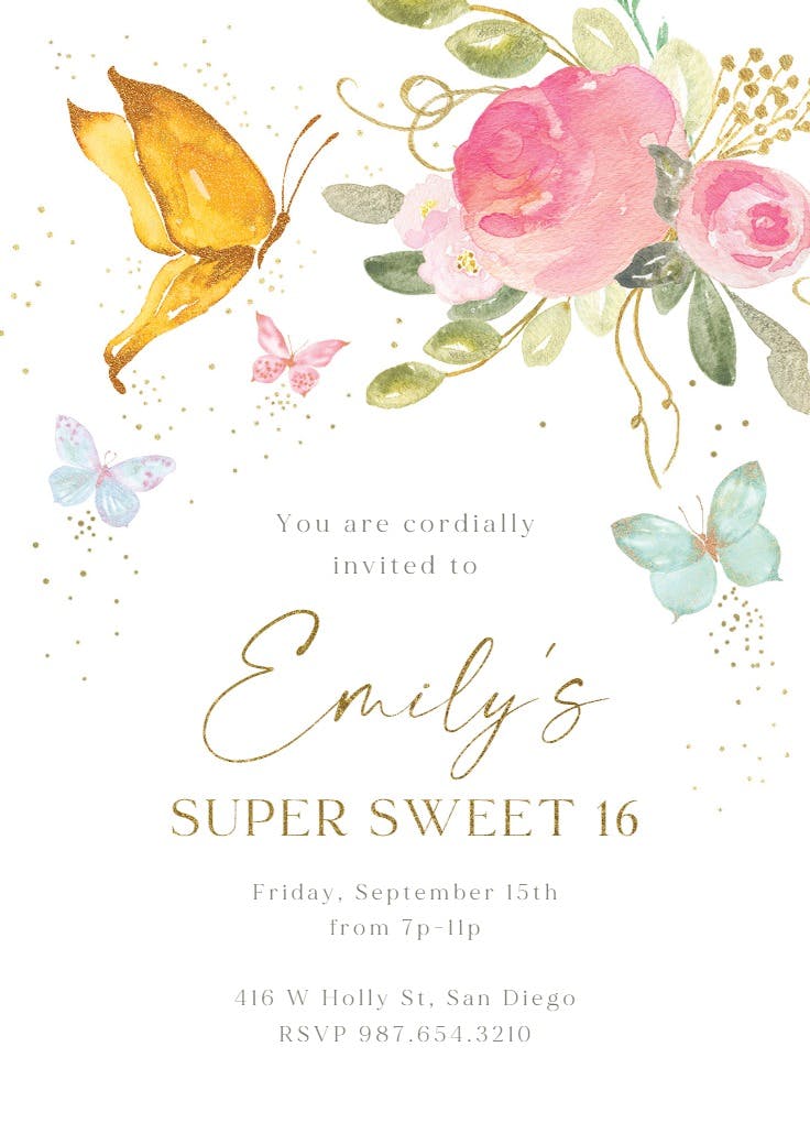 Magical butterflies - sweet 16 invitation