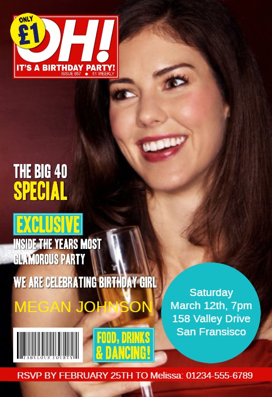 Oh 40th party for her -  invitación de fiesta de cumpleaños con foto