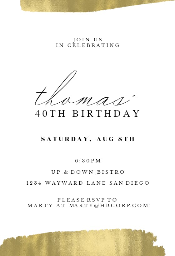 Golden brush strokes - birthday invitation
