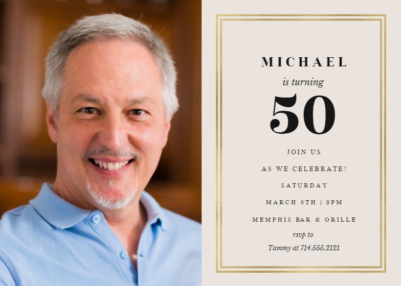 Photo & gold frame 50 - birthday invitation