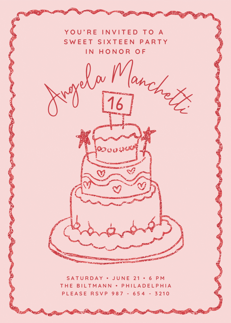 Pink glitter cake - sweet 16 invitation