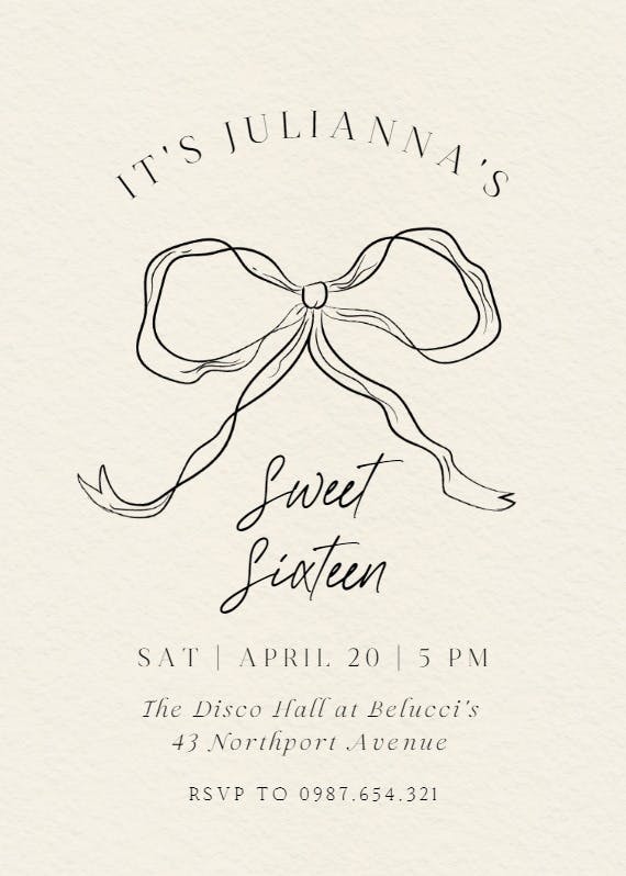 Quirky bow at 16 - printable party invitation
