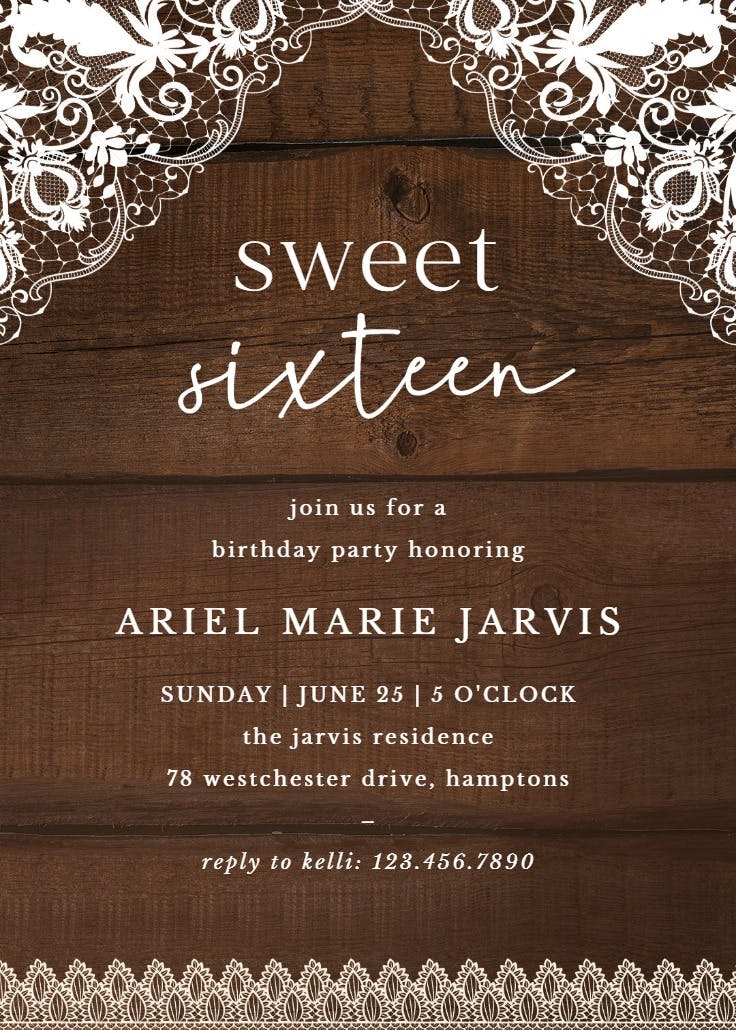 Rustic lace - sweet 16 invitation