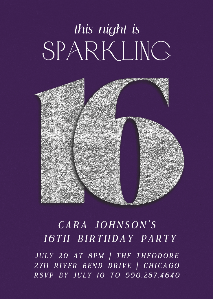 Shimmering numbers 16 - sweet 16 invitation