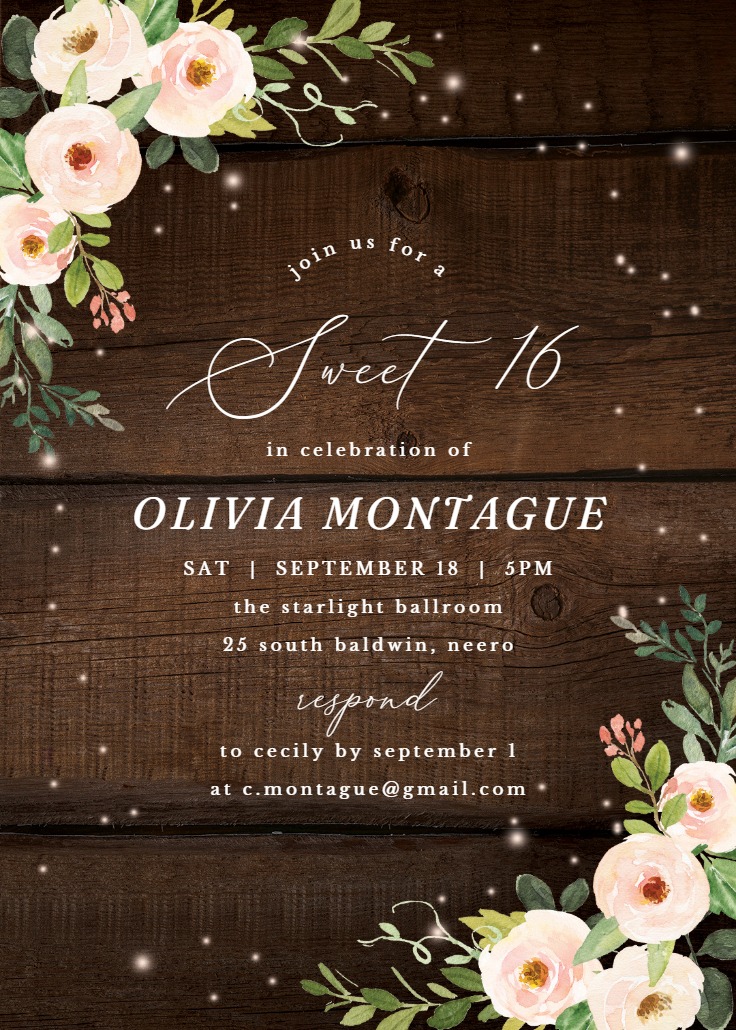 Sparkling rustic floral - Sweet 16 Invitation Template | Greetings Island