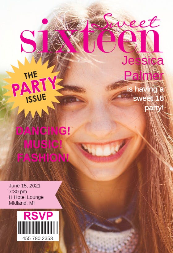 Sweet 16 party magazine cover -  invitación de fiesta de cumpleaños con foto