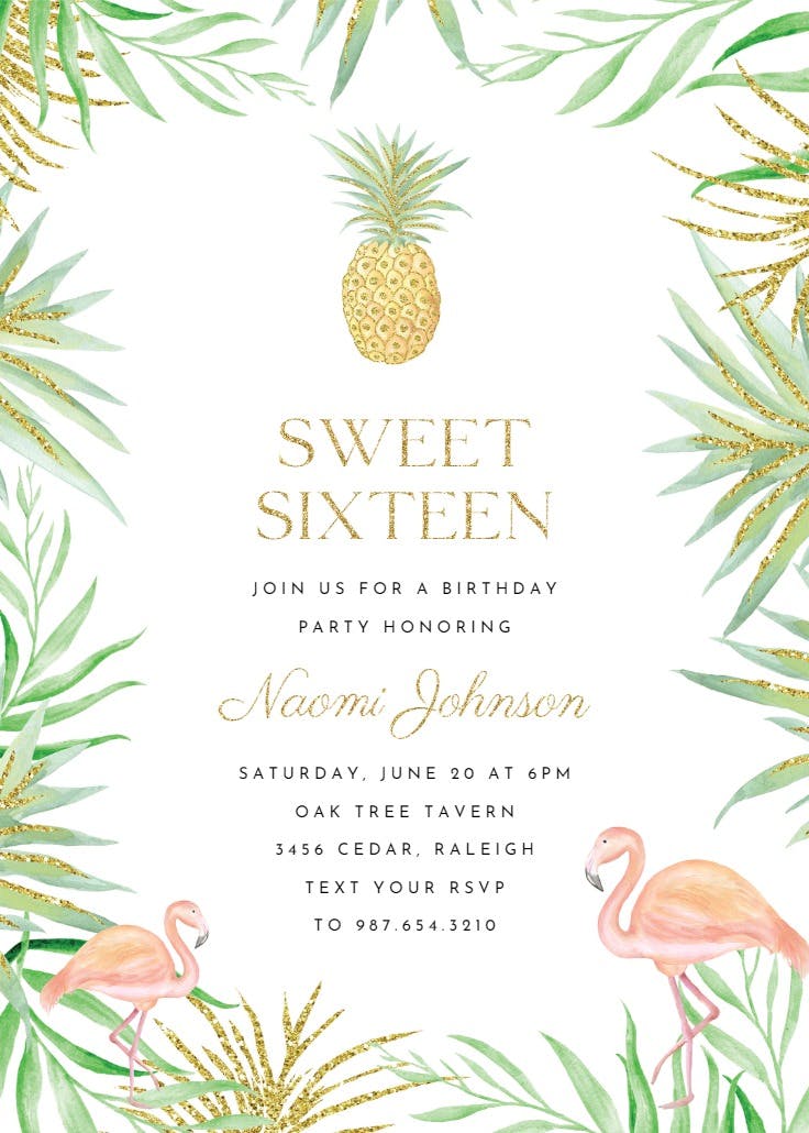 Tropical flamingos - sweet 16 invitation