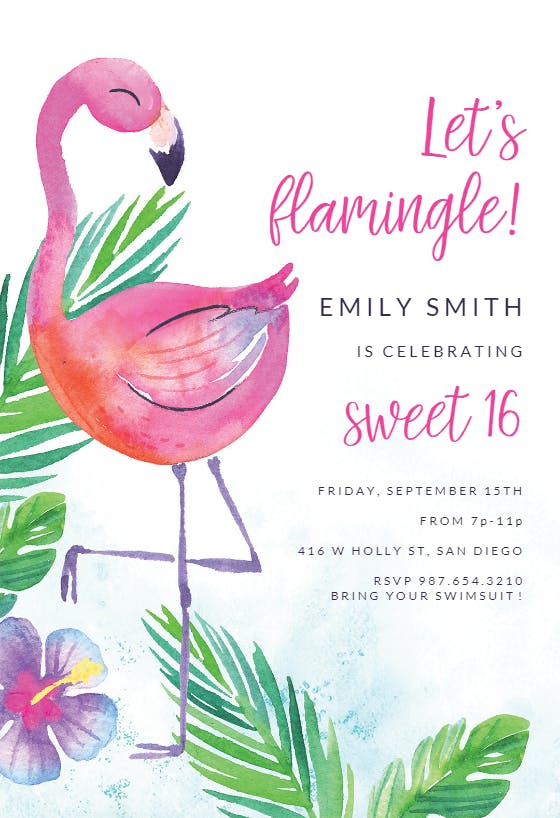 Watercolor flamingo -  invitación de cumpleaños