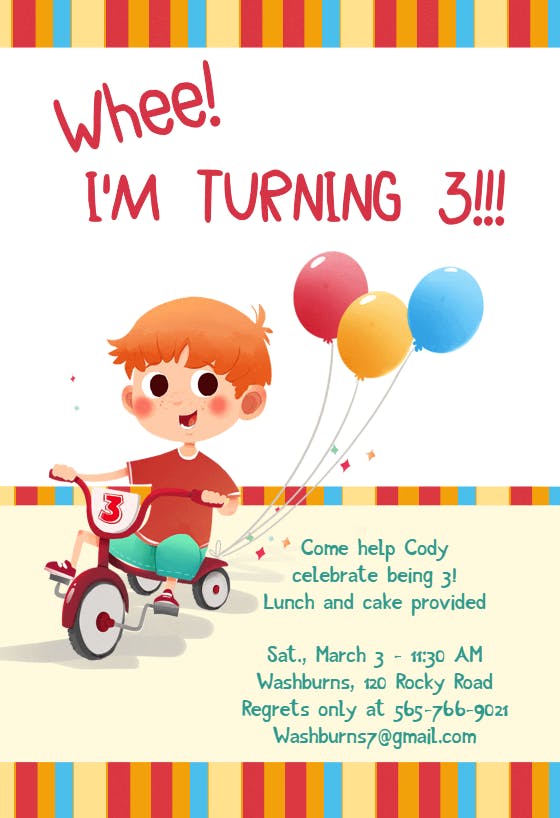 Whee i am turning 3 -  invitación de cumpleaños