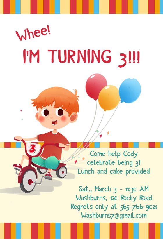 Whee i am turning 3 - birthday invitation