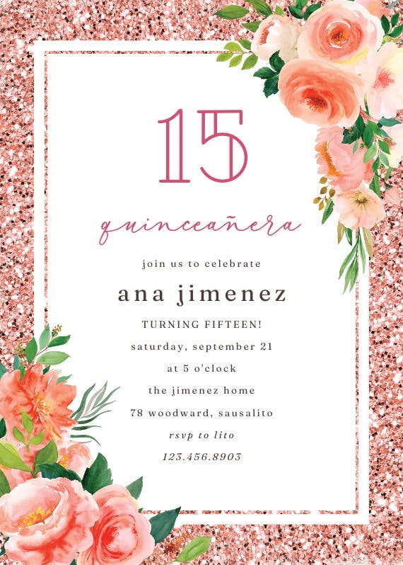 Floral and glitter -  invitación de cumpleaños