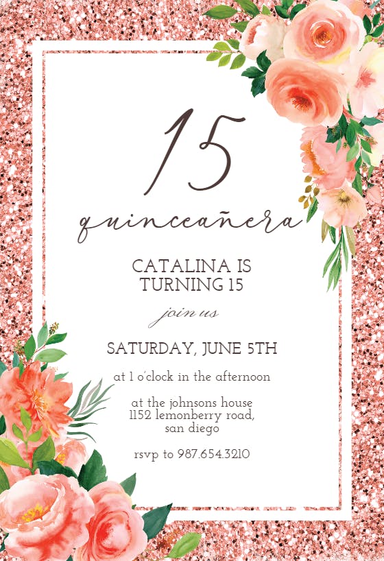 Floral and glitter -  invitación de quinceañera