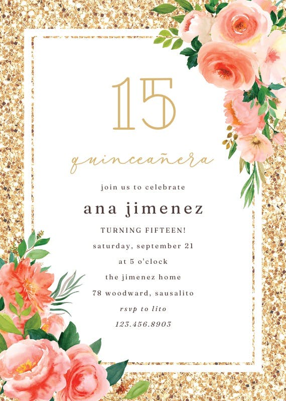 Floral and glitter - quinceañera invitation