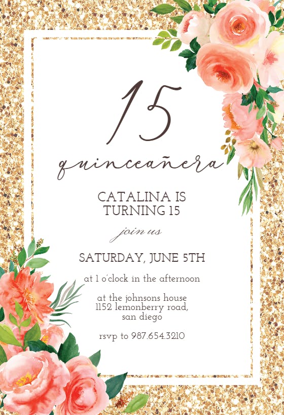 Floral and Glitter - Quinceañera Invitation Template | Greetings Island