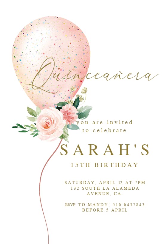 Floral glitter balloon - quinceañera invitation