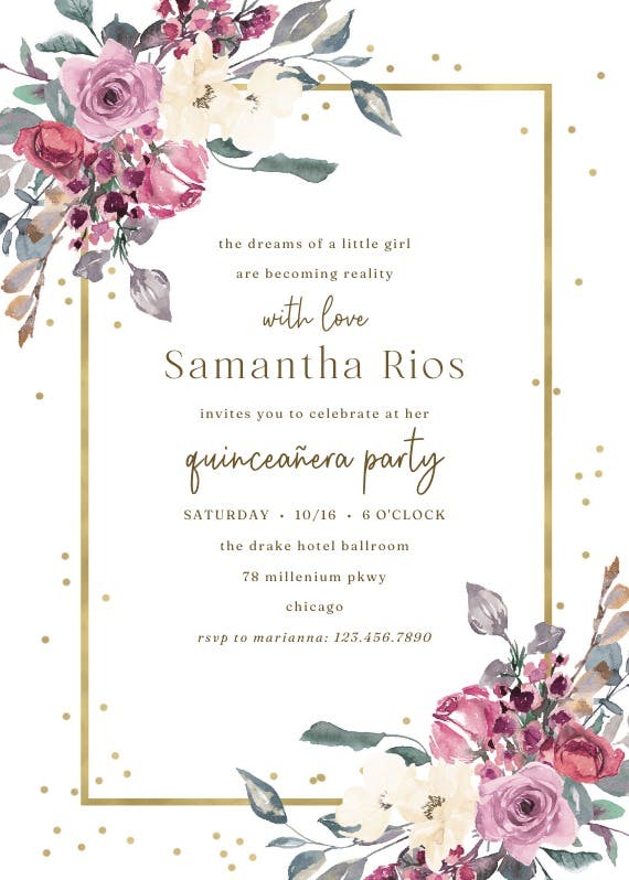 Flowers and golden frame - quinceañera invitation
