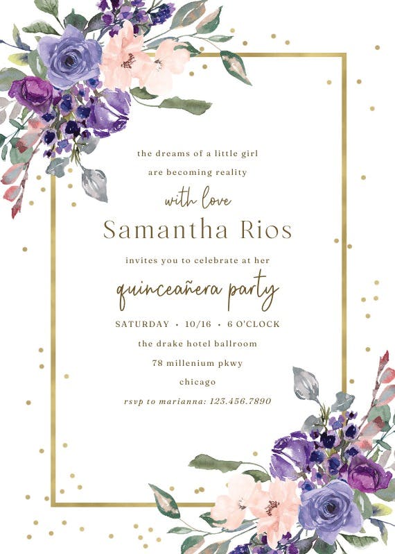 Flowers and golden frame -  invitación de cumpleaños