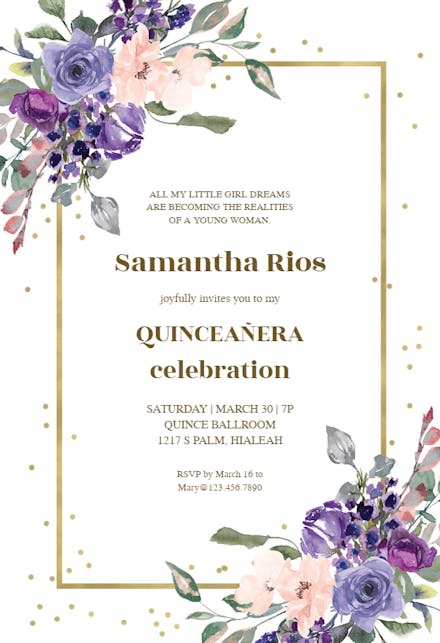 Flowers and golden frame - Invitación De Quinceañera