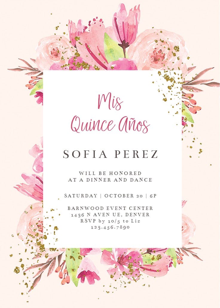 Flowers gold flakes - quinceañera invitation