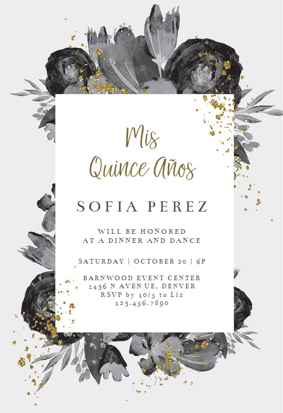 Flowers gold flakes - quinceañera invitation