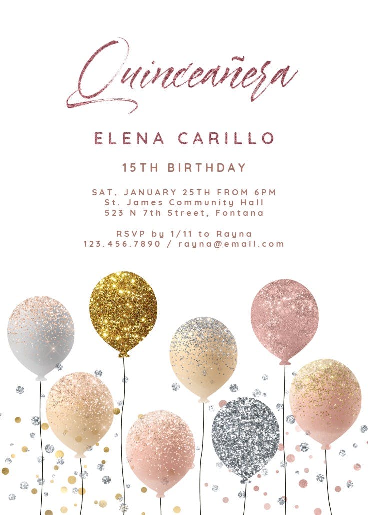 Glitter balloons - invitación de quinceañera
