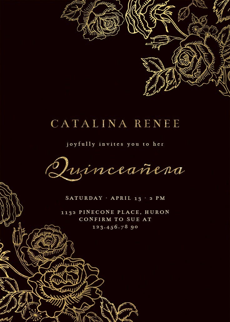 Gold foil roses - quinceañera invitation