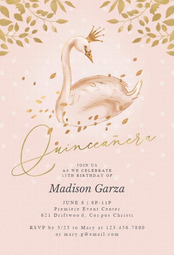 Golden pink swan -  invitación de quinceañera