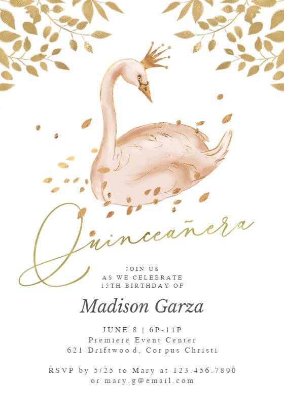 Golden pink swan - quinceañera invitation