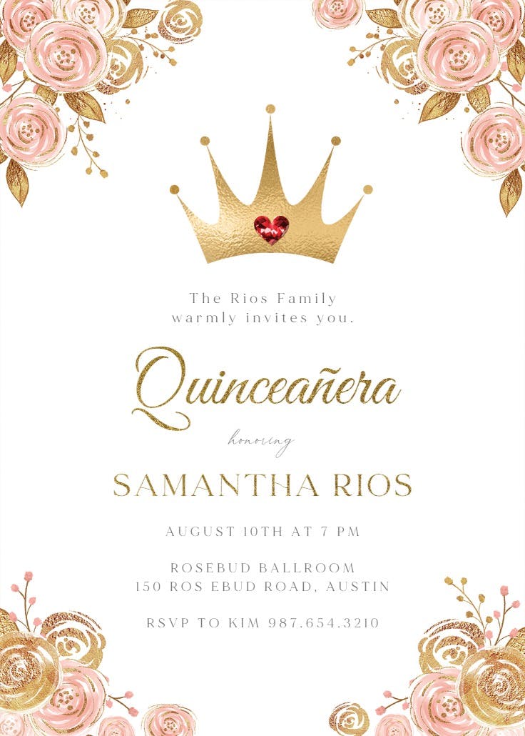 Pink & gold floral princess - quinceañera invitation