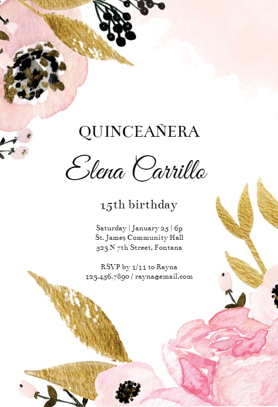 Pink and gold flowers - quinceañera invitation