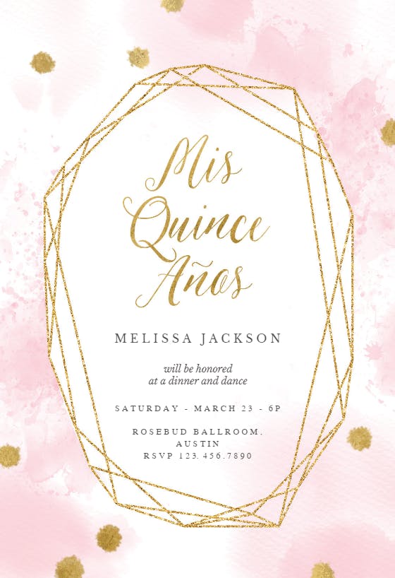 Pink and gold polygon frame - quinceañera invitation