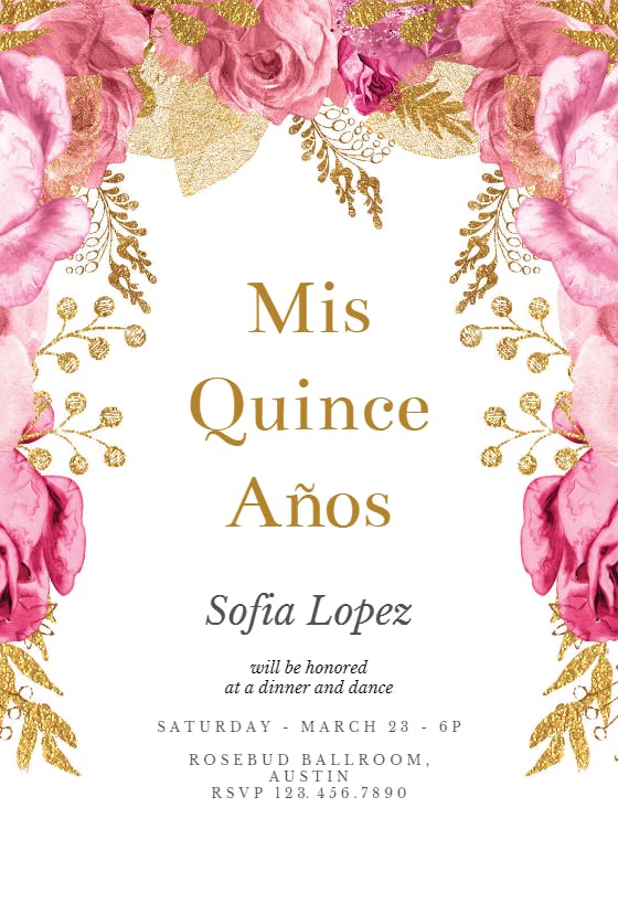 Pink and gold roses - quinceañera invitation