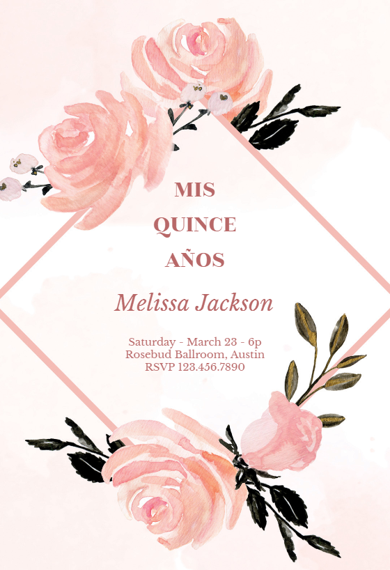 Pink floral frame Quinceañera Invitation Template free 