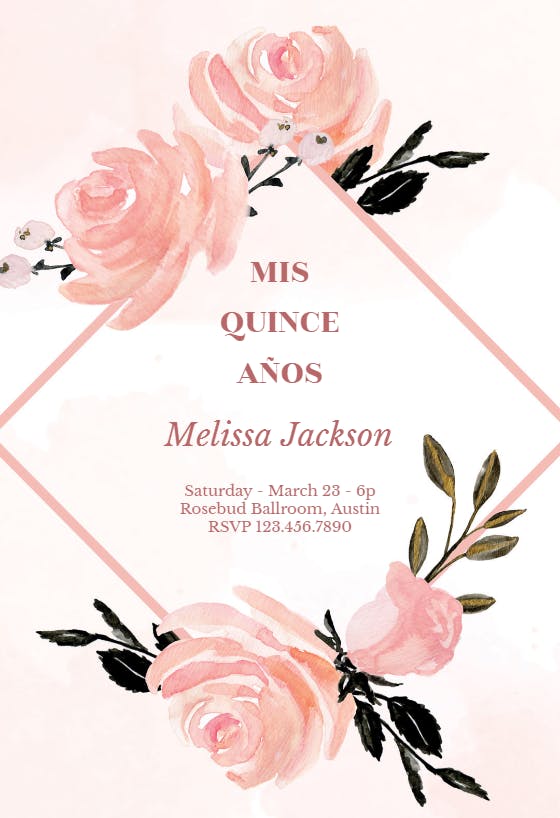 Pink floral frame - Quinceañera Invitation Template (Free)
