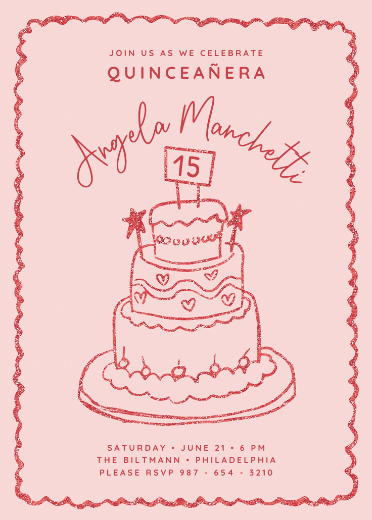 Pink glitter cake - invitación de quinceañera