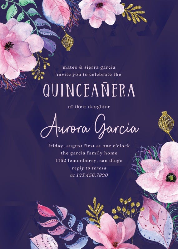 Pink gold flowers - quinceañera invitation