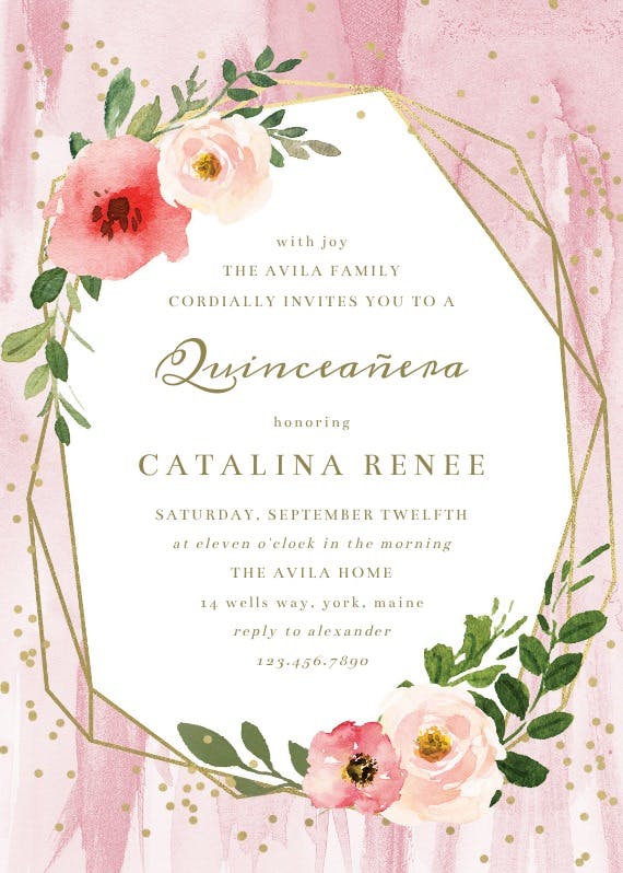 Polygonal frame and blush flowers - quinceañera invitation