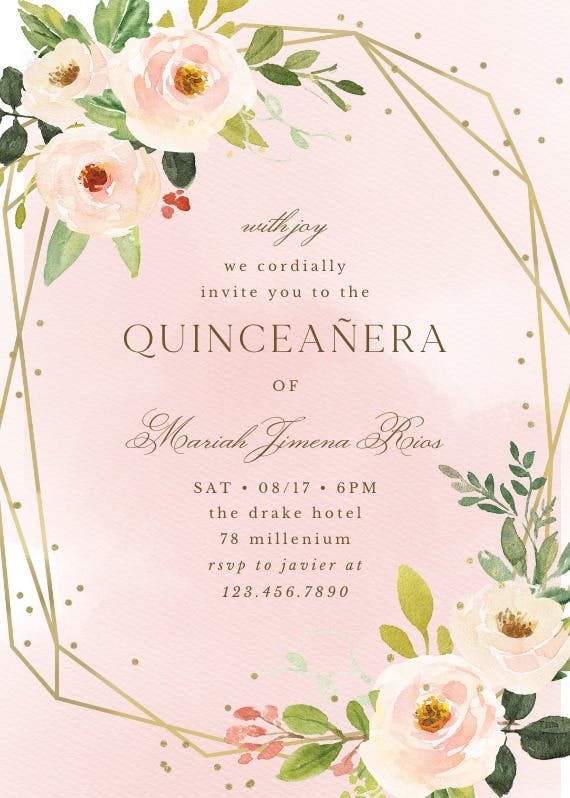Polygonal frame and flowers - quinceañera invitation
