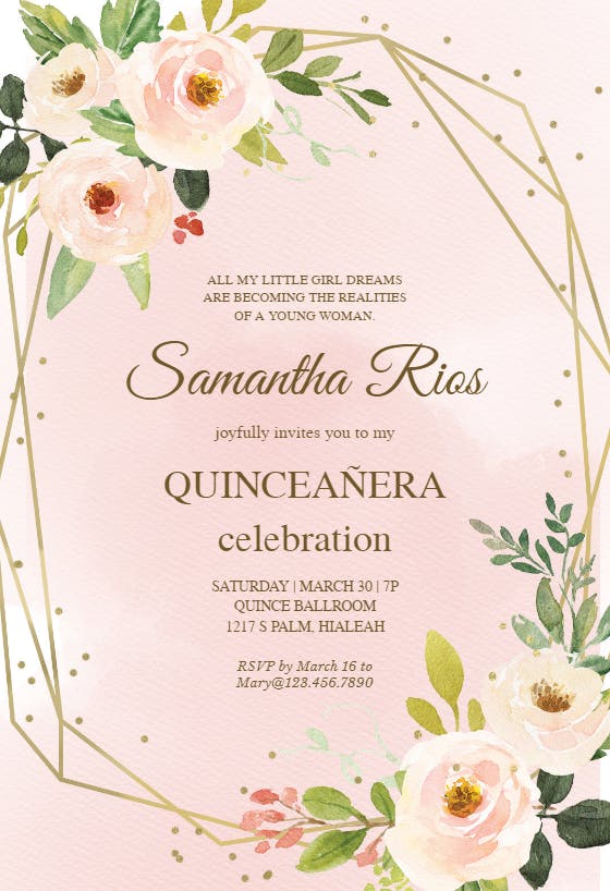Polygonal Frame And Flowers Quinceañera Invitation Template