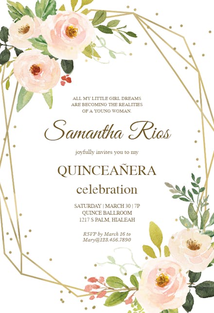 Polygonal Frame And Flowers - Quinceañera Invitation Template ...