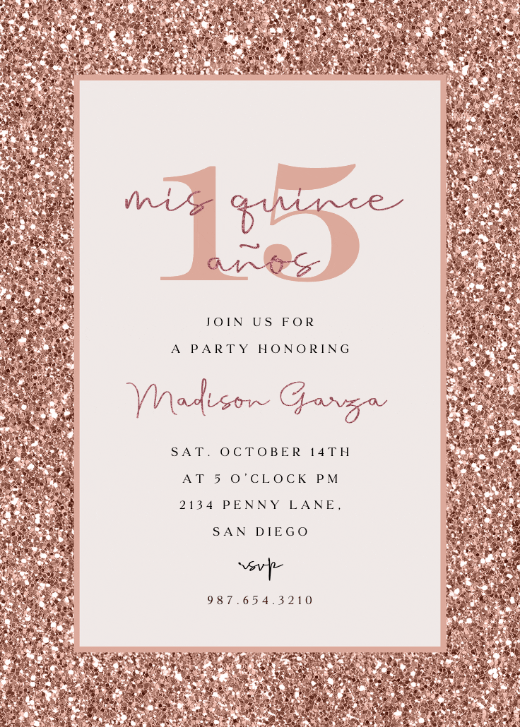 Rose gold glitter - quinceañera invitation