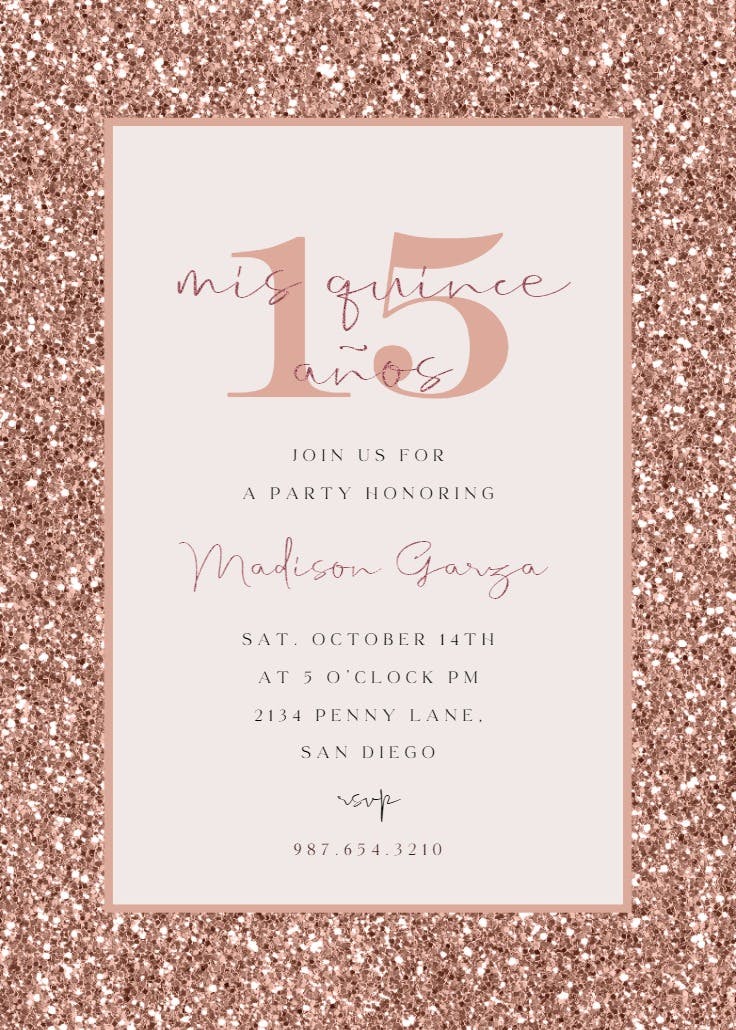 Rose gold glitter - quinceañera invitation